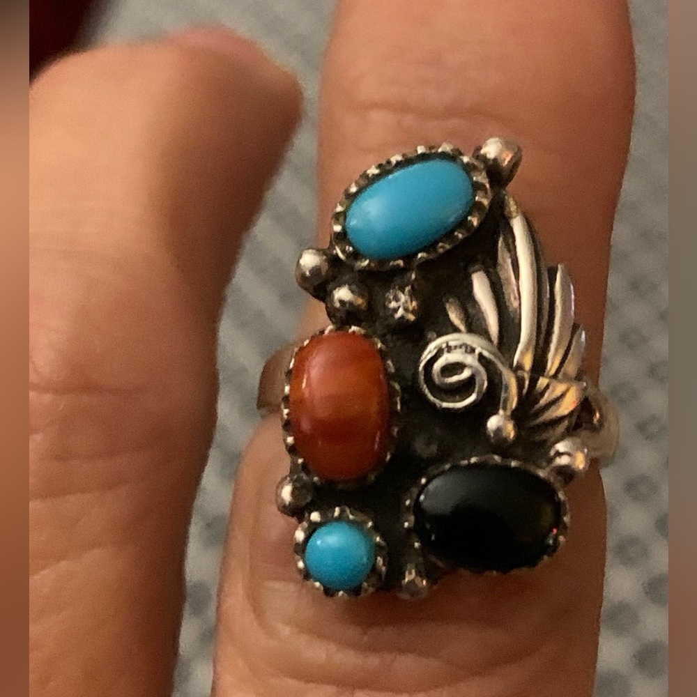 Navajo Turquoise Coral Onyx Ring ~